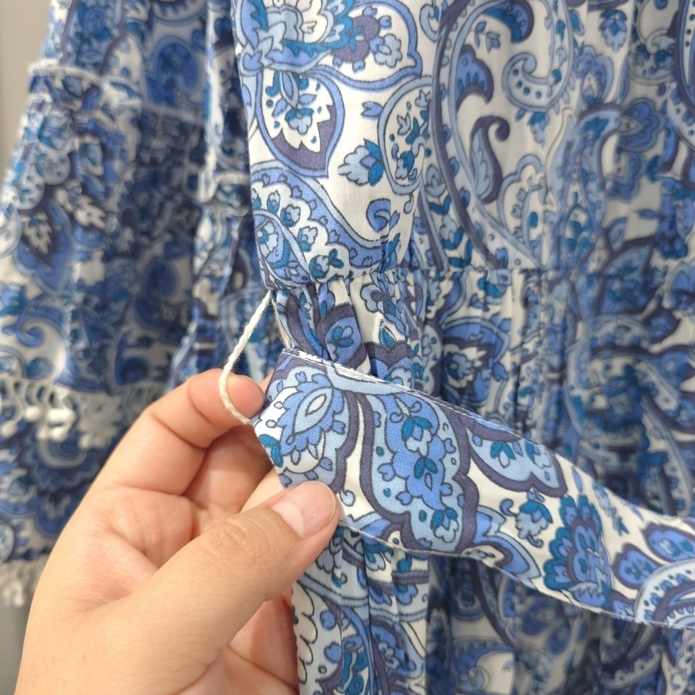 Cottage Core Blue White Paisley Dress Lace Trim, Bell Sleeves, Tiered Hem - Picture 7 of 16